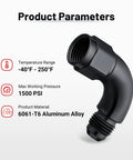 AN6 Female To AN6 Male Full Flow Swivel 90 Degree Coupler Union Fitting Adapter Aluminum 6061 T6 Beefy Performance With 1500 PSI Max Pressure And Minus 40 F To 250 F Temperature Range, side view showing temperature range, pressure, and material details.