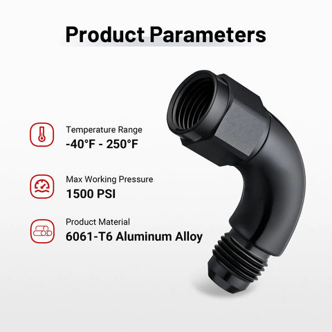 AN6 Female To AN6 Male Full Flow Swivel 90 Degree Coupler Union Fitting Adapter Aluminum 6061 T6 Beefy Performance With 1500 PSI Max Pressure And Minus 40 F To 250 F Temperature Range, side view showing temperature range, pressure, and material details.