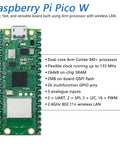 Raspberry Pi Pico W microcontroller board with USB-C port, green PCB and exposed GPIO headers.