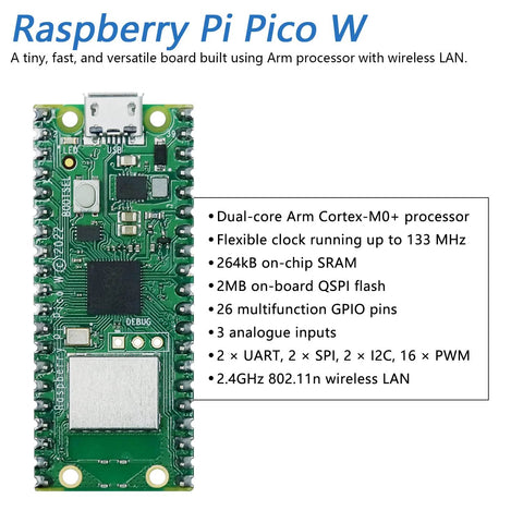 Raspberry Pi Pico W microcontroller board with USB-C port, green PCB and exposed GPIO headers.