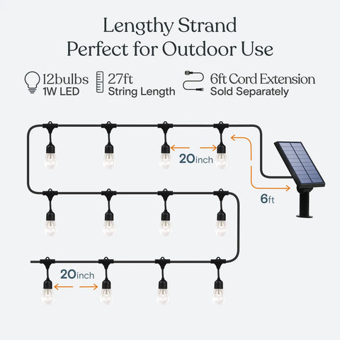Diagram showing Ambience Pro 27 Ft Solar Powered Outdoor String Lights With 12 Shatterproof LED Bulbs Warm White Edison Style setup.
