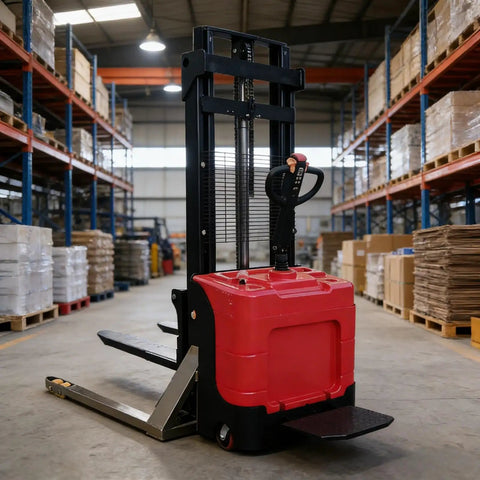 Heavy Duty Electric Walkie Pallet Stacker With 1000Kg To 3000Kg Lift Capacity, red color, in warehouse aisle handling materials.