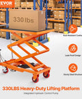 Front view of orange VEVOR hydraulic lift table cart, 50 in lift height, 330 lb capacity, four wheels.