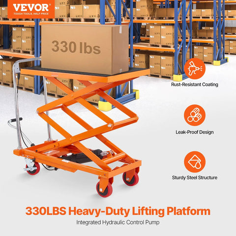 Front view of orange VEVOR hydraulic lift table cart, 50 in lift height, 330 lb capacity, four wheels.