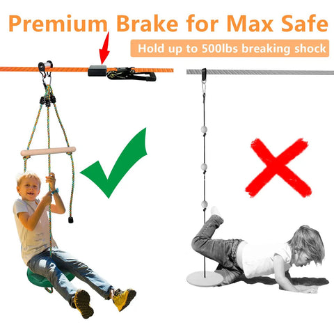 Silicone Zipline Brake Stopper for Slackline and Backyard Zipline Braking System with safety demonstration illustration.