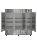 Built To Last Straight Up Heavy Duty Three Door Stainless Steel Commercial Reach In Refrigerator 72 Cubic Feet with shelves visible.