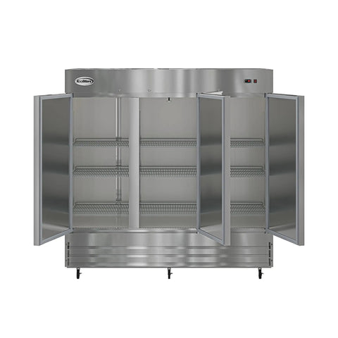 Built To Last Straight Up Heavy Duty Three Door Stainless Steel Commercial Reach In Refrigerator 72 Cubic Feet with shelves visible.