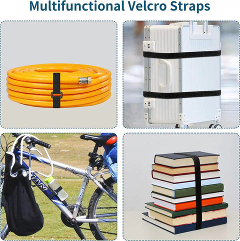 Adjustable 26Ft Black Cable Straps With 30 Buckles securing hose, suitcase, bicycle, and books for tidy storage.
