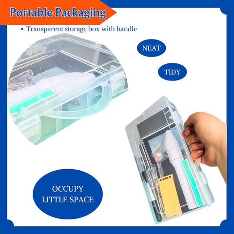 64 Piece Ultimate Hobby Model Tool Kit For Miniature Builds And Gundam Projects in transparent storage box with handle.