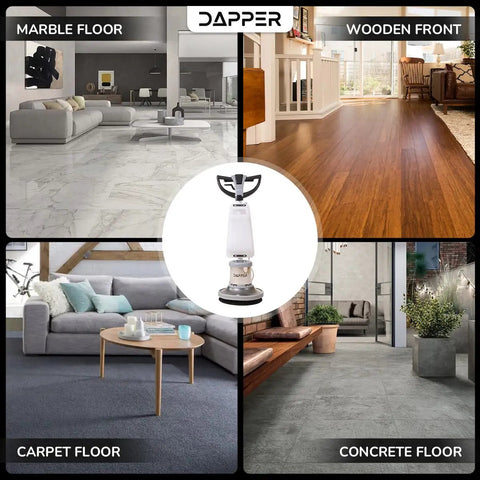 Heavy Duty 17 Inch Floor Buffer Polisher Machine Multi Functional Carpet Scrubber With Rock Solid Construction shown on marble, wooden, carpet, and concrete floors.