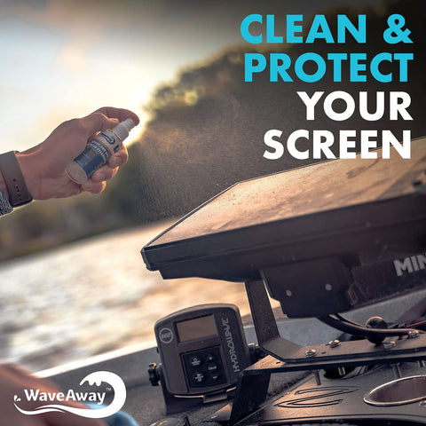 Person using Crystal Clear Ammonia Free LCD Screen Cleaner Kit For Sonar And GPS Displays with visible spray on device.