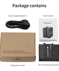 Package contents with Industrial 6 Port Unmanaged Gigabit Ethernet Switch, power adapter, manual, and box shown.