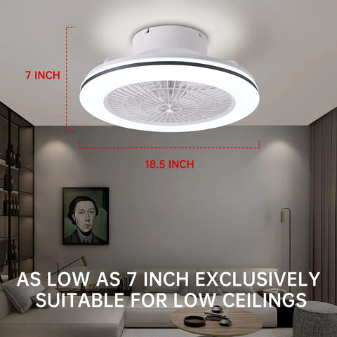 Remote Control Bladeless Ceiling Fan With Lights, 18.5 Inch Low Profile, Reversible Airflow, Dimmable, Multi Speed shown mounted