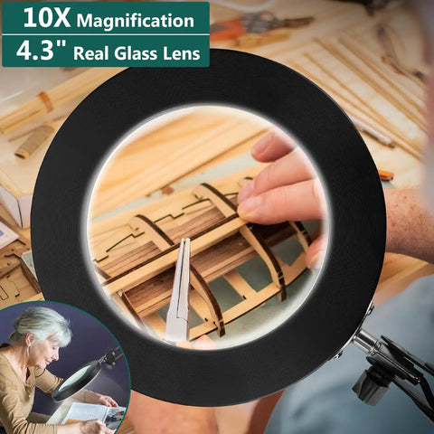10X Magnifying Glass With Light And Stand For Close Work 2 In 1 Real Glass Desk Lamp inspecting model with magnified detail view