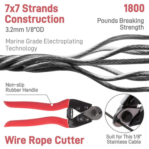 1000 Feet Black Stainless Steel Cable Kit for Deck Railing 1/8 Inch 7x7 Wire Rope T316 With Cutter shown with features