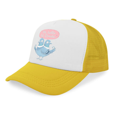 Yellow Unisex Sport Trucker Cap With Adjustable Buckle For All Day Comfort, cap with blue bird graphic on front