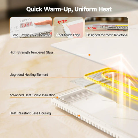 Close-up of Extra Long Buffet Warming Tray Set 47 By 15 Inches 3 In 1 Modular Warmer showing glass heat mat and controls