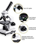 Kid Friendly Microscope Kit For Kids And Adults 100X To 2000X Compound Microscope with LED lights, diaphragm, and focus knobs