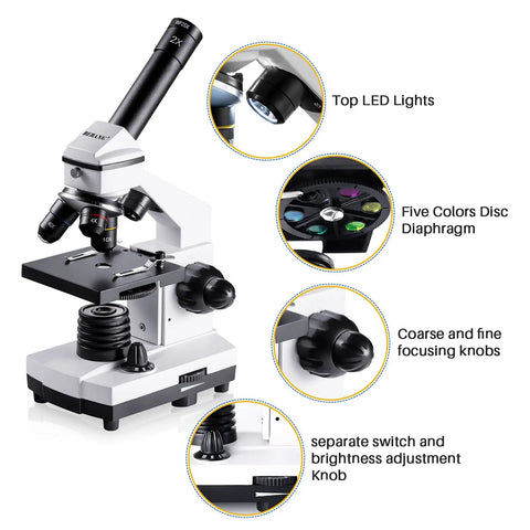 Kid Friendly Microscope Kit For Kids And Adults 100X To 2000X Compound Microscope with LED lights, diaphragm, and focus knobs