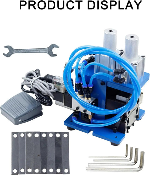 Industrial Grade Pneumatic Wire Stripper Machine 110V features blue tubing, foot pedal, and accessories for heavy-duty cable work.
