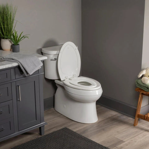 Game Changer Two In One Toilet Seat With Built In Potty Training Seat Slow Close Lid That Locks Down Plus Solid Grip Saves Room For Littles Elongated White