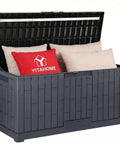 Extra Large 120 Gallon Outdoor Storage Deck Box With No Sweat Hydraulic Lift Lid, filled with cushions.