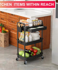 Three Tier Rolling Utility Cart With Removable Drawer in kitchen holding food and utensils on lockable wheels