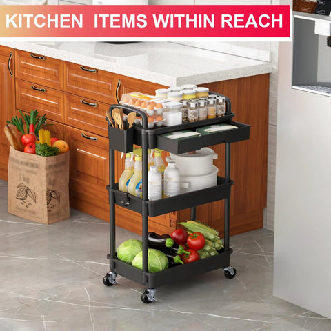 Three Tier Rolling Utility Cart With Removable Drawer in kitchen holding food and utensils on lockable wheels