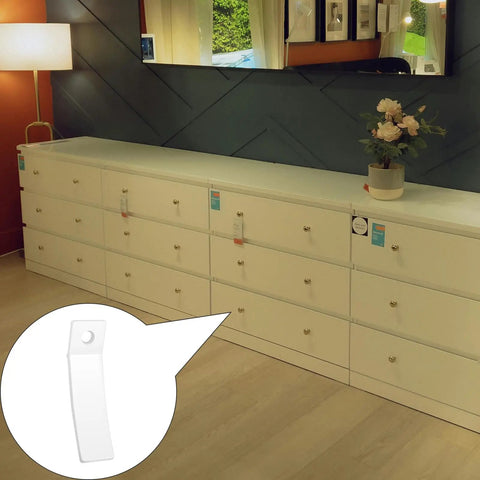 24 Pack Clear Non Slip Drawer Stops With Stainless Steel Screws displayed on a modern dresser with drawers.