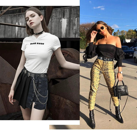 Badass Punk Grommet Leather Belt With Detachable Silver Chain Unisex Adjustable Waist Strap for stylish ripped jeans outfits.