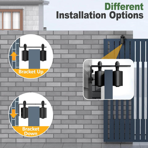 Adjustable Sliding Gate Roller Hardware Kit With Heavy Duty Steel Wall Mount Bracket And Nylon Roller Guide for different installations on a gate.