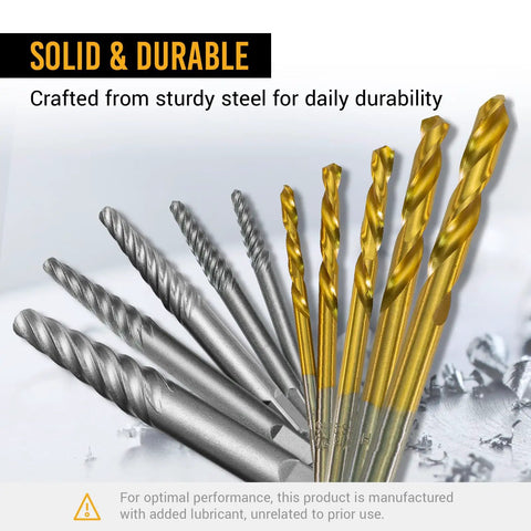 10 Piece Screw Extractor Set With HSS Left Hand Drill Bits for stripped, rusted, broken screws, spiral CR-MO removal tool kit