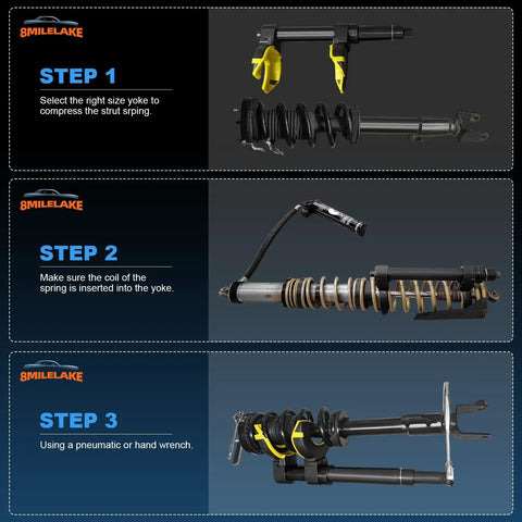 Steps for using MacPherson Strut Spring Compressor Kit with Interchangeable Fork Attachments for coil spring extraction.