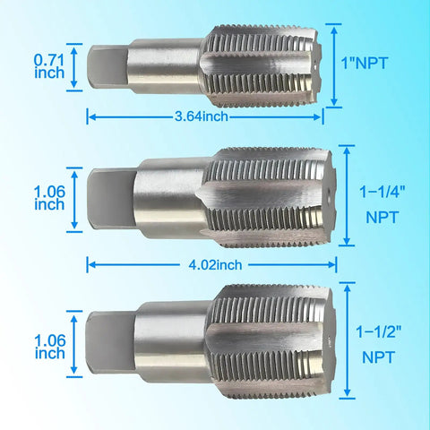 3-Piece NPT Pipe Tap Set For 1-In, 1-1/4-In, And 1-1/2-In Pipe Fittings, Carbon Steel Hand Threading Taps For Accurate Threads