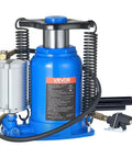 Front view of VEVOR 32-ton blue air hydraulic bottle jack with hand pump and coiled hose.