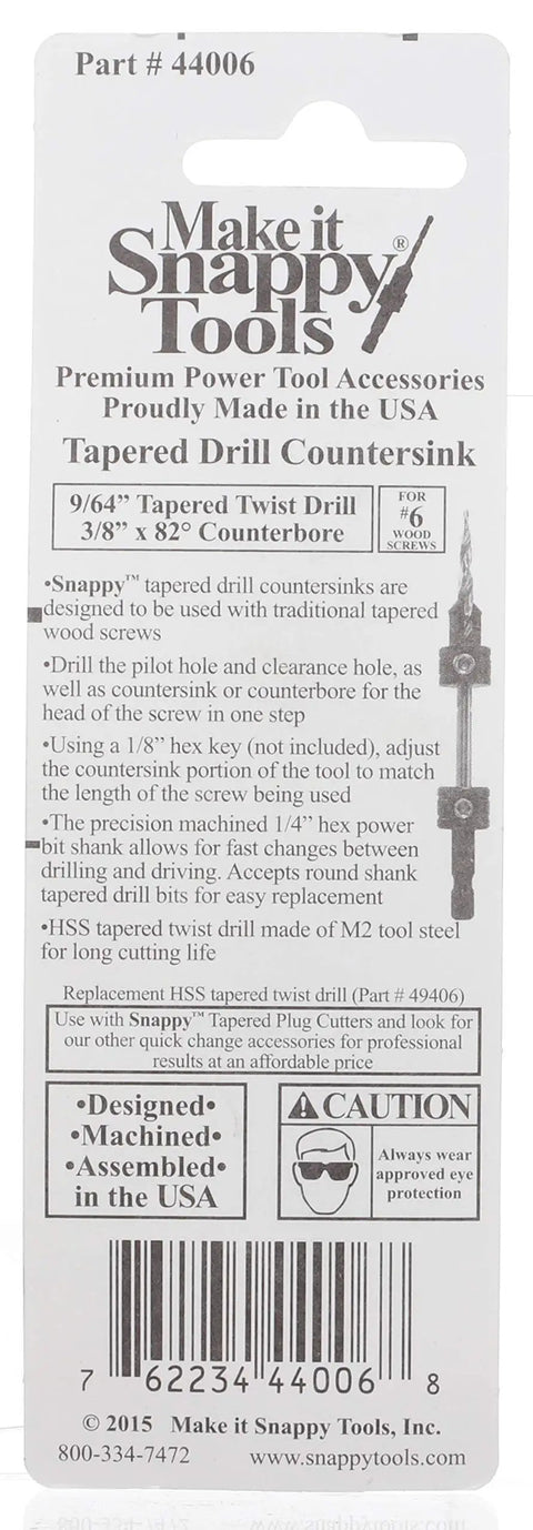 Rugged Hss Countersink Drill Bit Engineered For Six Wood Screws Delivers Slick 9/64 Inch Pilot Hole And Crisp 3/8 Inch 82 Degree Counterbore Paired With A Knockout 1/4 Inch Hex Shank packaging side view.