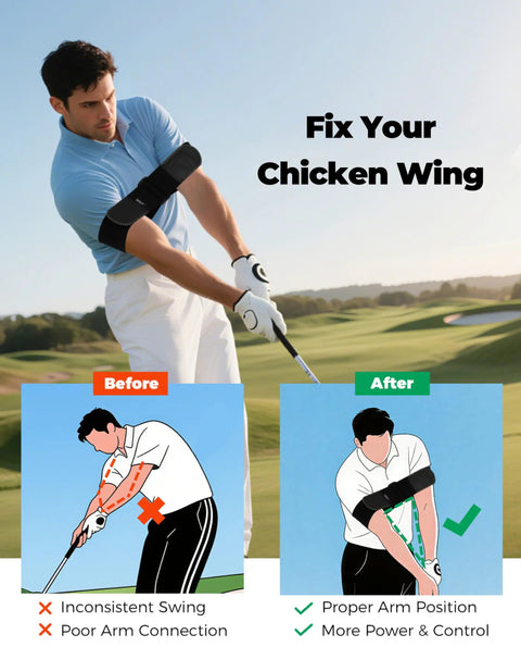 Golfer using Adjustable Golf Swing Trainer Arm Band For All Skill Levels Keeps Arms Connected And Fixes Chicken Wing Improves Swing Mechanics Game Changer