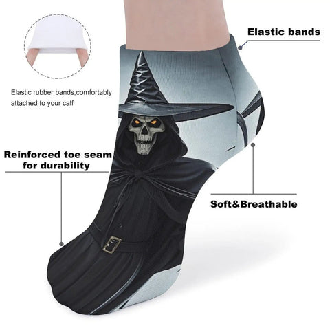 Death Scythe Themed Ankle And Crew Socks with skull design, elastic bands, reinforced toe seam, soft breathable material