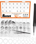 211 Piece External Snap Ring Kit In 304 Stainless Steel With Tweezers, 21 Sizes From M4 To M19, organized in a transparent case.