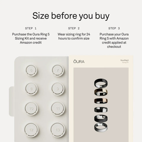 Precision Smart Ring Sizer Kit For Oura Ring Five Health Tracker shows sizing ring options 6 to 13 with guidance steps.