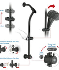 Illustration showing installation of Rainfall 8 Inch Shower Head With High Pressure Handheld Spray, Drill Free Slide Bar in matte black.