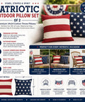 All American Patriotic Stars And Stripes Outdoor Pillow Set Of 2, Premium 14x14 Cotton Throw Pillows For 4th Of July Memorial Day And Veterans Day, Vintage Red White Blue American Flag Design For Patio Deck Or Indoor Use, image showing product information and usage examples.