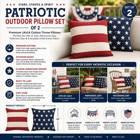 All American Patriotic Stars And Stripes Outdoor Pillow Set Of 2, Premium 14x14 Cotton Throw Pillows For 4th Of July Memorial Day And Veterans Day, Vintage Red White Blue American Flag Design For Patio Deck Or Indoor Use, image showing product information and usage examples.