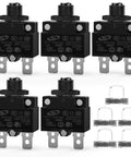 Premium 5 Pack Thermal Circuit Breaker With Auto Reset Function 5 Amp Overload Protector Switch Handles 125V And 250V AC shown together.