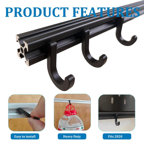 20Pcs 2020 Series T Slot Aluminum Profile Hooks for 6mm Euro Standard Extrusion Black Hanging Rails for 3D Printers CNC DIY No Tools Quick Lock In Place, black hook on 2020 aluminum profile
