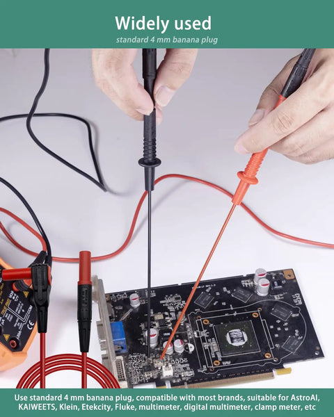 Long Reach Multimeter Probes With Sharp Insulated Tips, 155mm Stainless Steel Pins for 4 Mm Test Leads in use on circuit board