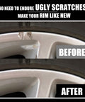 Before and after repair using Matte Black Wheel Touch Up Paint Kit For Curb Rash And Scratches Quick Easy Rim Repair Kit