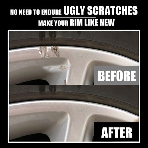 Before and after repair using Matte Black Wheel Touch Up Paint Kit For Curb Rash And Scratches Quick Easy Rim Repair Kit