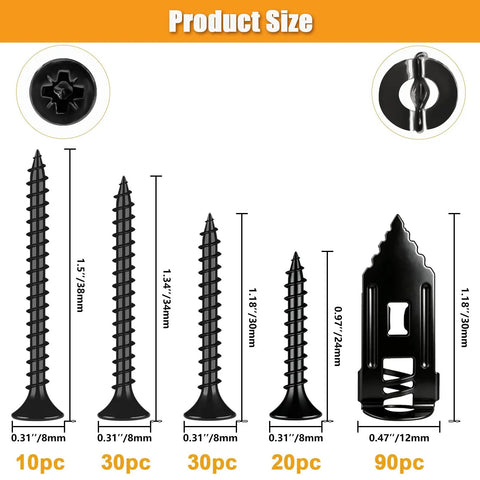 Self Drilling Drywall Anchors And Screws Kit 180 Pc Metal Fasteners For Hanging Mirrors Picture Frames Shelves Clocks Home Improvement Easy Install Heavy Duty Load Bearing Wall Mounting Perfect For DIY Projects And Everyday Home Decor., black anchors and screws sizes