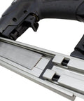 Close-up of Pro Grade Pneumatic 20 Gauge L Cleat Flooring Nailer For Tongue And Groove DIY Friendly Hardwood Installs.